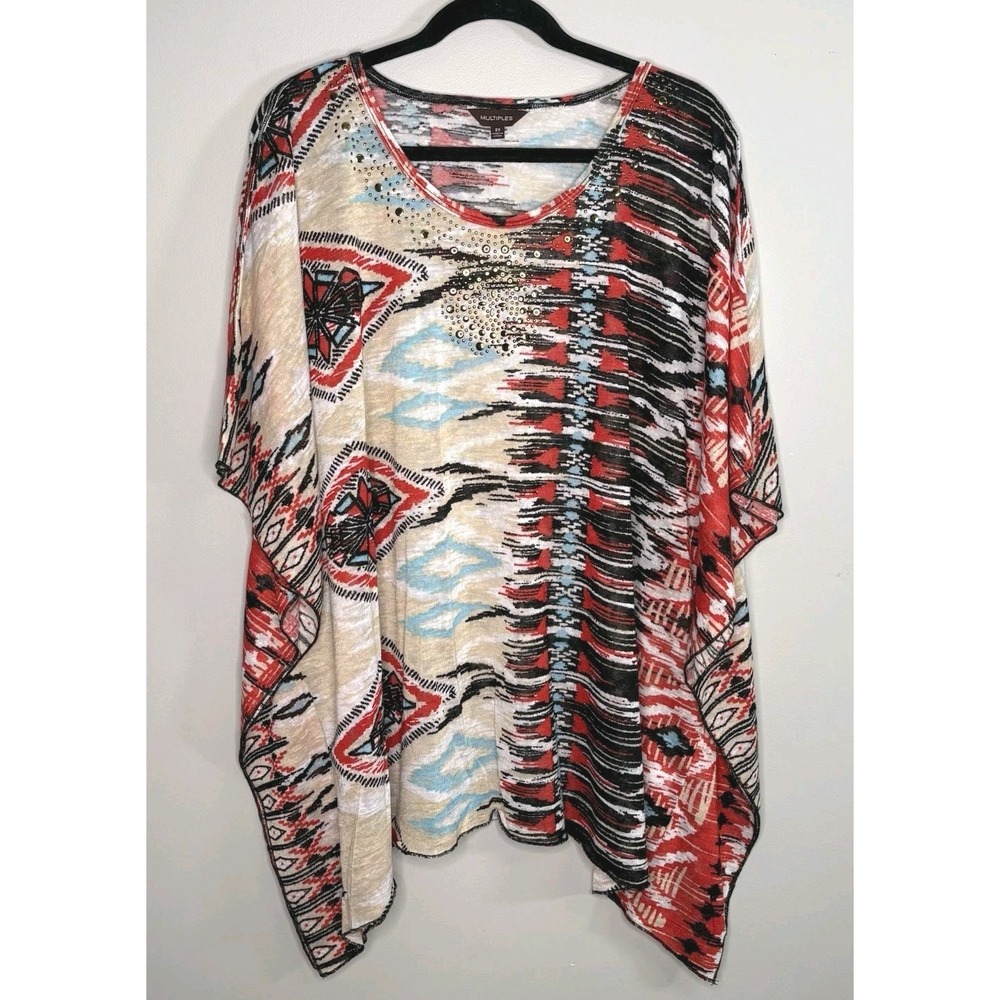 Multiples Womens 2X Neutral Multicolor Lagenlook Boho Aztec Shark Bite Top
